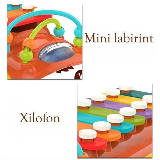 Autobuz Muzical Multifunctional 3in1 MusicRide™ cu Xilofon, Sortator de Forme, Blocuri de Constructie, Elemente Mobile, Invatare si Dezvoltare, Recunoasterea Culorilor si Rezolvarea Problemelor, Red