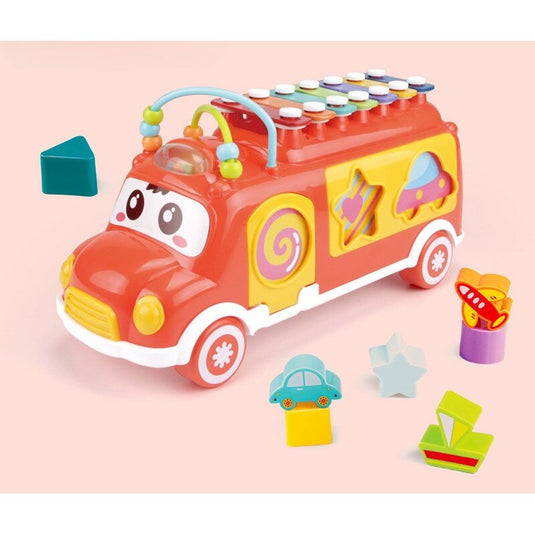 Autobuz Muzical Multifunctional 3in1 MusicRide™ cu Xilofon, Sortator de Forme, Blocuri de Constructie, Elemente Mobile, Invatare si Dezvoltare, Recunoasterea Culorilor si Rezolvarea Problemelor, Red