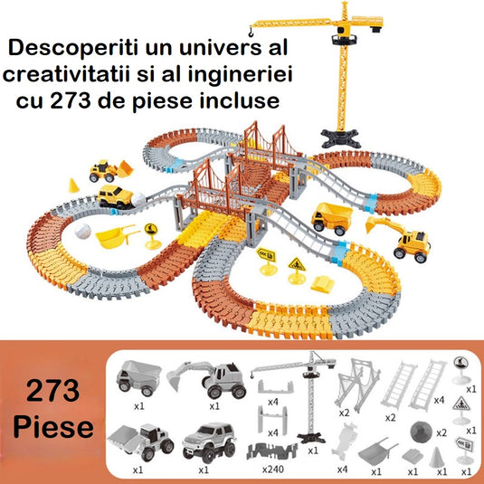 Set Pista Modulara FLEXIBILA 300 Cm MegaTrack™ 273 Piese, 1 Vehicul Electric, 3 Masini, Excavator, Basculanta, Buldozer, Macara, Poduri, Turn Suspendat, Indicatoare Rutiere, Accesorii Santier, Multicolor