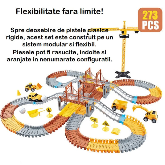 Set Pista Modulara FLEXIBILA 300 Cm MegaTrack™ 273 Piese, 1 Vehicul Electric, 3 Masini, Excavator, Basculanta, Buldozer, Macara, Poduri, Turn Suspendat, Indicatoare Rutiere, Accesorii Santier, Multicolor