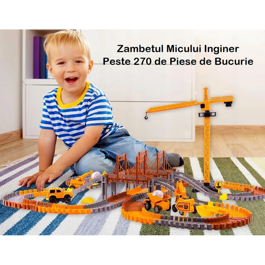 Set Pista Modulara FLEXIBILA 300 Cm MegaTrack™ 273 Piese, 1 Vehicul Electric, 3 Masini, Excavator, Basculanta, Buldozer, Macara, Poduri, Turn Suspendat, Indicatoare Rutiere, Accesorii Santier, Multicolor