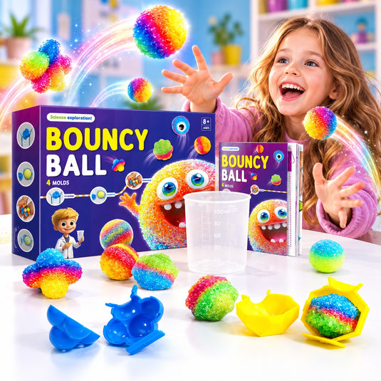 Kit Creativ STEM pentru Mingi Saltarete CrazyBounce Balls™ Culori si Forme, 4 Matrite de Modelare, Pudre Colorate, Accesorii Decorative, Recipient de Masurare, Ghid Ilustrat, Experiment DIY, Educational si Interactiv, 8+ Ani