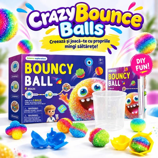 Kit Creativ STEM pentru Mingi Saltarete CrazyBounce Balls™ Culori si Forme, 4 Matrite de Modelare, Pudre Colorate, Accesorii Decorative, Recipient de Masurare, Ghid Ilustrat, Experiment DIY, Educational si Interactiv, 8+ Ani
