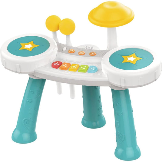 Masuta Muzicala Multifunctionala 2in1 SuperStar Indiggo® cu Pian si Tobe, Doua Bete Incluse, 5 Clape, Lumini LED, Volum Reglabil, 3 Butoane Functionale, Educativ si Interactiv, Vibrant Blue