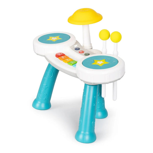 Masuta Muzicala Multifunctionala 2in1 SuperStar Indiggo® cu Pian si Tobe, Doua Bete Incluse, 5 Clape, Lumini LED, Volum Reglabil, 3 Butoane Functionale, Educativ si Interactiv, Vibrant Blue