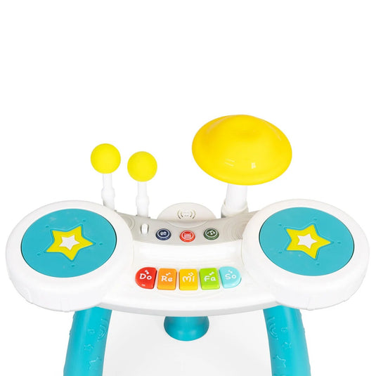 Masuta Muzicala Multifunctionala 2in1 SuperStar Indiggo® cu Pian si Tobe, Doua Bete Incluse, 5 Clape, Lumini LED, Volum Reglabil, 3 Butoane Functionale, Educativ si Interactiv, Vibrant Blue