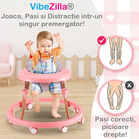 Premergator Multifunctional 3in1 VibeZilla® Scaun de Masa si Jumper, Panou Detasabil Muzical cu Jucarii, Inaltime Reglabila, Pliabil, Perna Moale si Respirabila, Roti Silentioase 360°, Suport Picioare, Design Ranforsat, Anti-Rasturnare, Pink