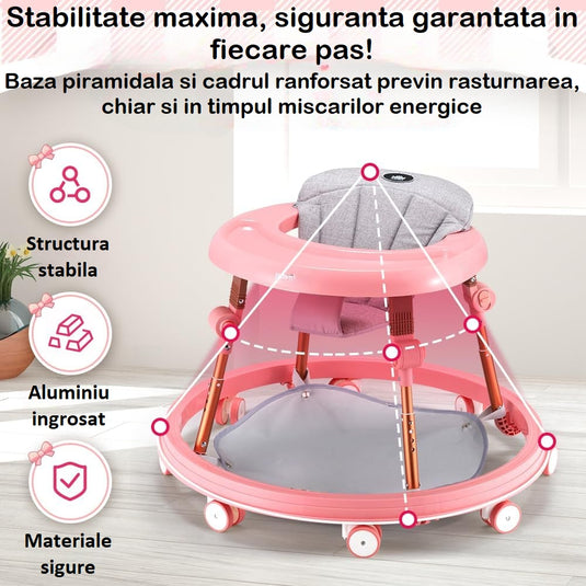 Premergator Multifunctional 3in1 VibeZilla® Scaun de Masa si Jumper, Panou Detasabil Muzical cu Jucarii, Inaltime Reglabila, Pliabil, Perna Moale si Respirabila, Roti Silentioase 360°, Suport Picioare, Design Ranforsat, Anti-Rasturnare, Pink