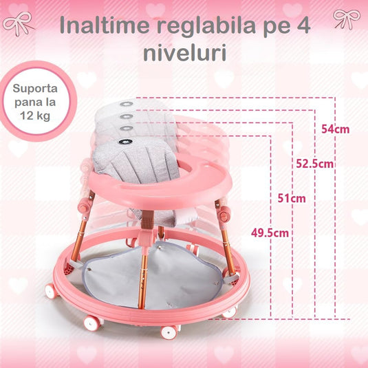 Premergator Multifunctional 3in1 VibeZilla® Scaun de Masa si Jumper, Panou Detasabil Muzical cu Jucarii, Inaltime Reglabila, Pliabil, Perna Moale si Respirabila, Roti Silentioase 360°, Suport Picioare, Design Ranforsat, Anti-Rasturnare, Pink