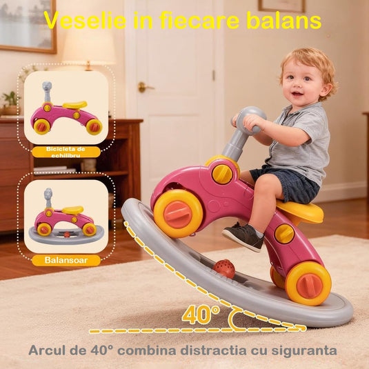 Centru de Activitati 7in1 Mix&Play™ Baby Activity System, Premergator, Salteluta, Balansoar, Bicicleta si Placa de Echilibru, Pian Senzorial cu Muzica si Lumini, 4 Jucarii Detasabile, Saltea Moale si Material Respirabil, Forest Party Pink