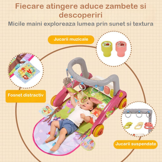 Centru de Activitati 7in1 Mix&Play™ Baby Activity System, Premergator, Salteluta, Balansoar, Bicicleta si Placa de Echilibru, Pian Senzorial cu Muzica si Lumini, 4 Jucarii Detasabile, Saltea Moale si Material Respirabil, Forest Party Pink