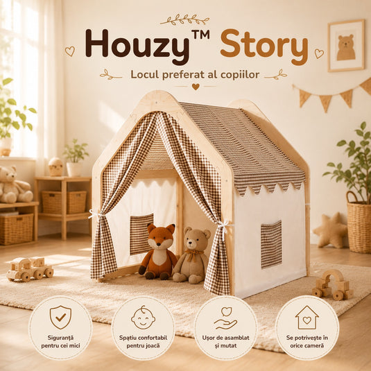 Cort pentru Copii din Lemn Natural Houzy™ Story, Casuta pentru Joaca si Relaxare Interior si Exterior, Structura Solida din Lemn, Panza Respirabila, Buzunar pentru Depozitare, Margini Rotunjite, Design Montessori, 109 x 90 x 100 Cm, Caramel Vibe