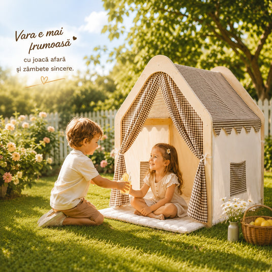 Cort pentru Copii din Lemn Natural Houzy™ Story, Casuta pentru Joaca si Relaxare Interior si Exterior, Structura Solida din Lemn, Panza Respirabila, Buzunar pentru Depozitare, Margini Rotunjite, Design Montessori, 109 x 90 x 100 Cm, Caramel Vibe