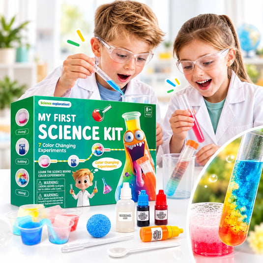 Kit de Experimente STEM 7in1 FirstScience Kit™ Reactii si Transformari de Culoare, Activitati Stiintifice cu Recipiente, Pipeta, Lingurita, Coloranti, Ulei, Bila Efervescenta, Ghid Ilustrat, Educational si Interactiv, 8+ Ani