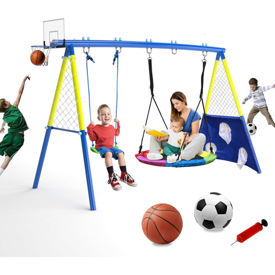 Set de Joaca 4in1 pentru Copii Kango™ Park Leagan Tip Cuib 100 Cm, Leagan Design U, Cos de Baschet, Porti de Fotbal, Doua Mingi Incluse, Pompa, Constructie Rezistenta din Otel, Prinderi Sigure, Blue/Yellow