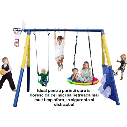 Set de Joaca 4in1 pentru Copii Kango™ Park Leagan Tip Cuib 100 Cm, Leagan Design U, Cos de Baschet, Porti de Fotbal, Doua Mingi Incluse, Pompa, Constructie Rezistenta din Otel, Prinderi Sigure, Blue/Yellow