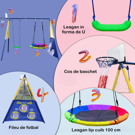 Set de Joaca 4in1 pentru Copii Kango™ Park Leagan Tip Cuib 100 Cm, Leagan Design U, Cos de Baschet, Porti de Fotbal, Doua Mingi Incluse, Pompa, Constructie Rezistenta din Otel, Prinderi Sigure, Blue/Yellow