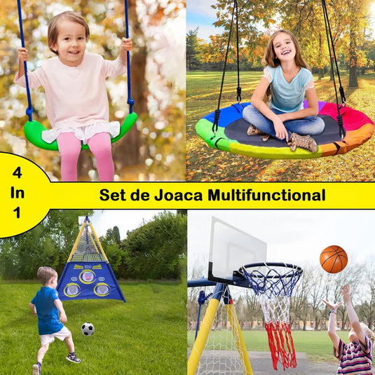 Set de Joaca 4in1 pentru Copii Kango™ Park Leagan Tip Cuib 100 Cm, Leagan Design U, Cos de Baschet, Porti de Fotbal, Doua Mingi Incluse, Pompa, Constructie Rezistenta din Otel, Prinderi Sigure, Blue/Yellow