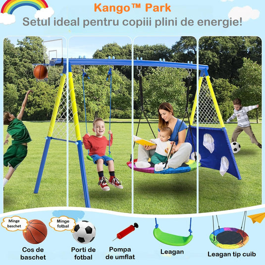 Set de Joaca 4in1 pentru Copii Kango™ Park Leagan Tip Cuib 100 Cm, Leagan Design U, Cos de Baschet, Porti de Fotbal, Doua Mingi Incluse, Pompa, Constructie Rezistenta din Otel, Prinderi Sigure, Blue/Yellow