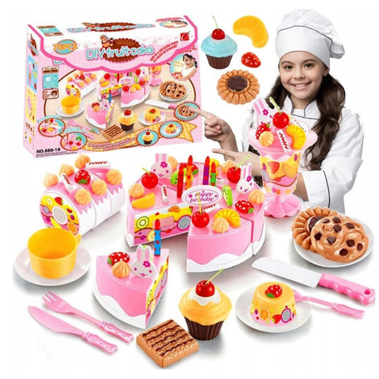 Set de joaca complet, TORT ANIVERSAR feliabil si prajituri, BIRTHDAY CAKE, 75 elemente, piese unite cu velcro, roz