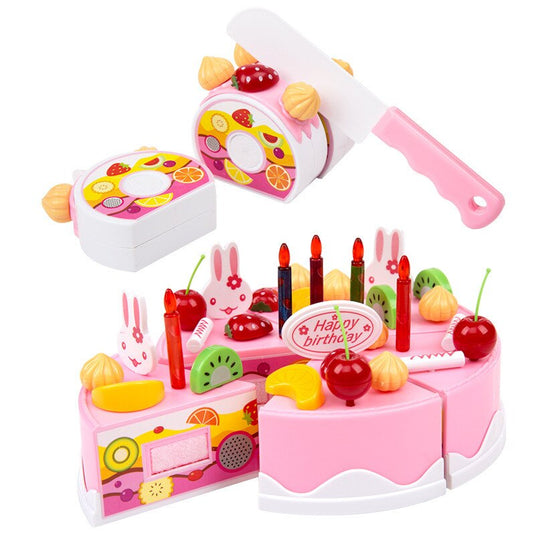Set de joaca complet, TORT ANIVERSAR feliabil si prajituri, BIRTHDAY CAKE, 75 elemente, piese unite cu velcro, roz