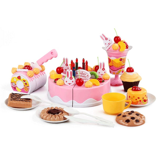 Set de joaca complet, TORT ANIVERSAR feliabil si prajituri, BIRTHDAY CAKE, 75 elemente, piese unite cu velcro, roz