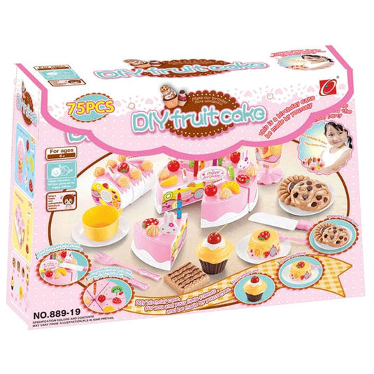 Set de joaca complet, TORT ANIVERSAR feliabil si prajituri, BIRTHDAY CAKE, 75 elemente, piese unite cu velcro, roz