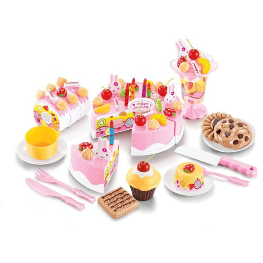 Set de joaca complet, TORT ANIVERSAR feliabil si prajituri, BIRTHDAY CAKE, 75 elemente, piese unite cu velcro, roz