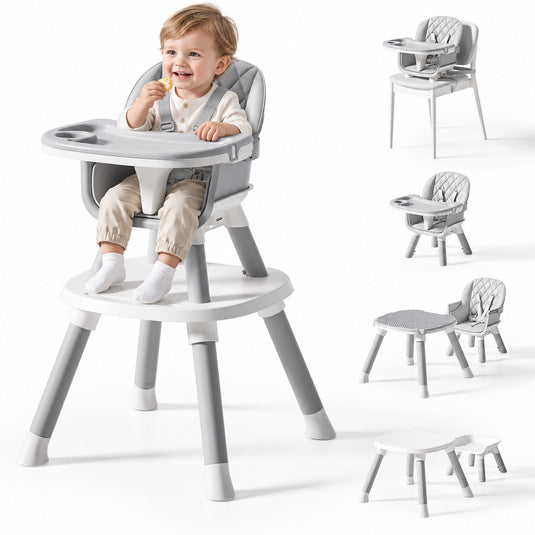 Scaun de Masa Bebe 7in1 ROVI™ MultiMod, Scaun Inalt, Booster, Scaun Jos, Masuta de Joaca, Activitati si Constructii, Tava Dubla cu 4 Pozitii, Centura de Siguranta, Design Anti-Rasturnare, Husa Moale Lavabila, 6 Luni-3 Ani, Muse Grey