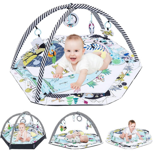 Centru de Activitati, Saltea si Tarc de Joaca, 3in1, PlayBeBe, KinderVibe™, cu Perna, 20 de Bile Colorate, 7 Jucarii, Arcade, Lavabil, Multicolor