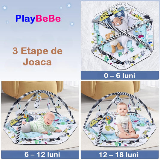 Centru de Activitati, Saltea si Tarc de Joaca, 3in1, PlayBeBe, KinderVibe™, cu Perna, 20 de Bile Colorate, 7 Jucarii, Arcade, Lavabil, Multicolor
