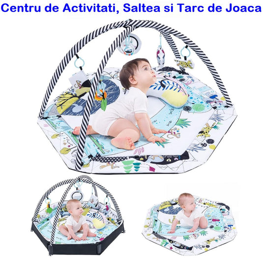 Centru de Activitati, Saltea si Tarc de Joaca, 3in1, PlayBeBe, KinderVibe™, cu Perna, 20 de Bile Colorate, 7 Jucarii, Arcade, Lavabil, Multicolor