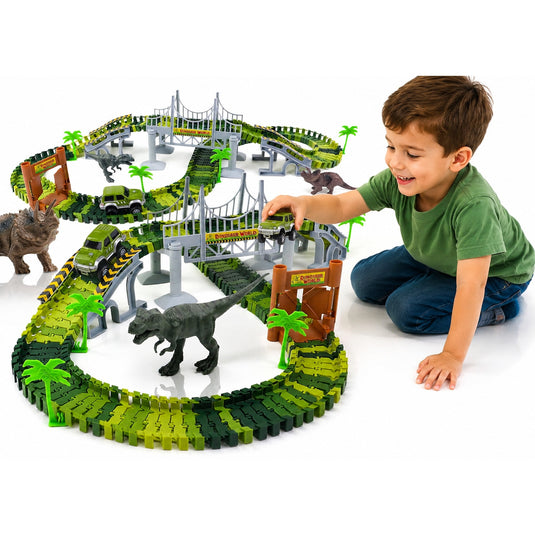 Set Circuit FlexiDino™ 144 Piese, Masinuta Off-Road cu Deplasare Automata, Doua Figurine T-Rex si Triceratops, Pod Suspendat, Palmieri, Poarta de Acces, Pista Interactiva, Tropical Green