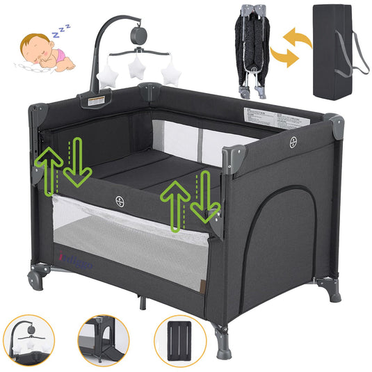 Patut Pliabil Co-Sleeper Kiddo™ HUG Laterala Glisanta Max Confort 2 Etaje, Tarc de Joaca, Plasa 360° Airflow View, Carusel Muzical Detasabil, Saltea Moale, Design Ranforsat, Intrare cu Fermoar, Roti Transport, Geanta Transport, Dark Grey