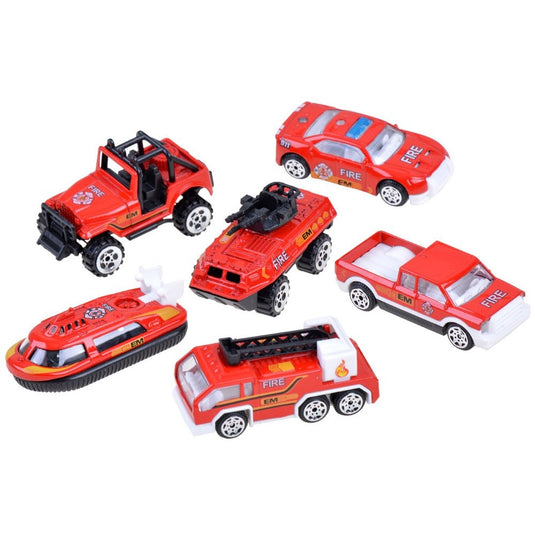 Set 6 Masinute Metalice pentru Copii, Indiggo, Model Fire Trucks, Include Barca si Vehicule de Salvare, Ideale pentru Pasionatii de Vehicule, Dimensiune 7 x 2.5 x 3 cm, de la 3 ani, Rosu
