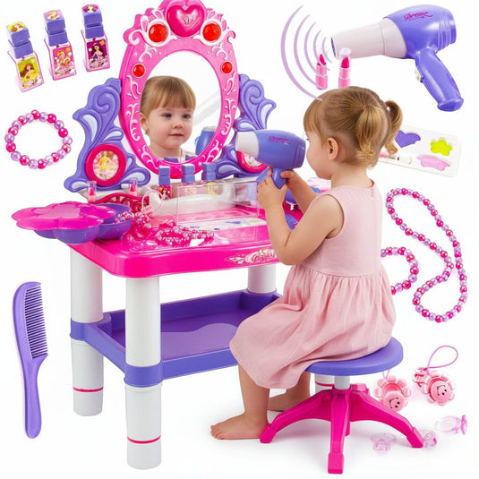 Masuta de Machiaj pentru Fetite, JOLIE CHIC, Oglinda, Uscator, Accesorii Superbe, Sunete si Lumini, Roz/Mov