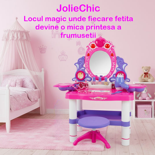 Masuta de Machiaj pentru Fetite, JOLIE CHIC, Oglinda, Uscator, Accesorii Superbe, Sunete si Lumini, Roz/Mov