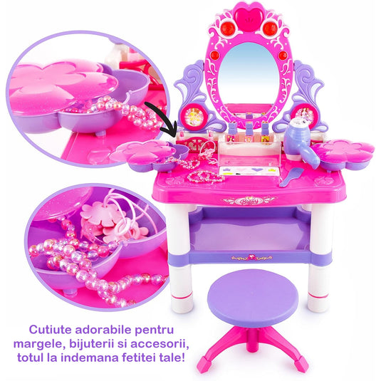 Masuta de Machiaj pentru Fetite, JOLIE CHIC, Oglinda, Uscator, Accesorii Superbe, Sunete si Lumini, Roz/Mov