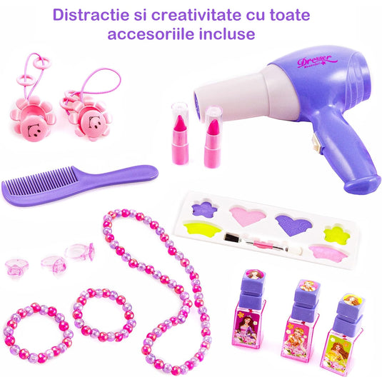 Masuta de Machiaj pentru Fetite, JOLIE CHIC, Oglinda, Uscator, Accesorii Superbe, Sunete si Lumini, Roz/Mov