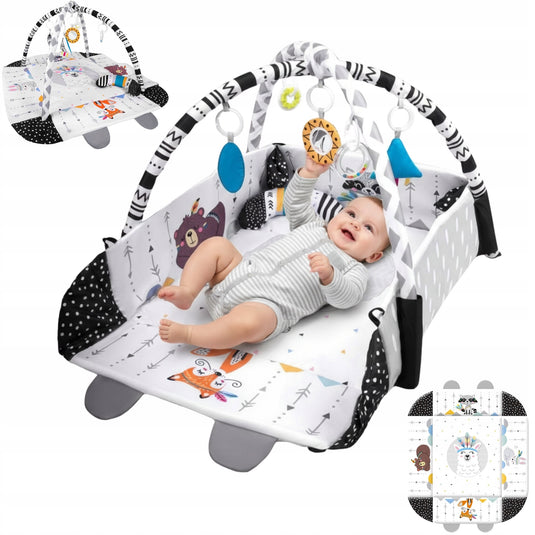 Saltea de Activitati si Spatiu de Joaca 5in1, BabyKING KinderVibe™, cu Perna, 7 Jucarii Senzoriale Detasabile, Doua Arcade, Oglinda, Material Moale cu Protectie Termica, Usor de Curatat, Antiderapant, Multifunctional, Alb/Negru