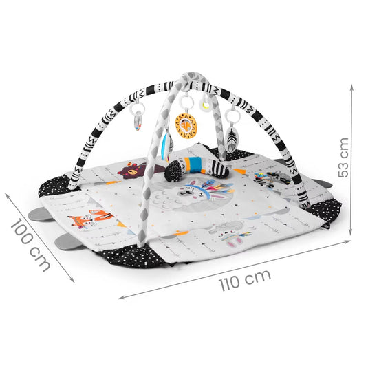 Saltea de Activitati si Spatiu de Joaca 5in1, BabyKING KinderVibe™, cu Perna, 7 Jucarii Senzoriale Detasabile, Doua Arcade, Oglinda, Material Moale cu Protectie Termica, Usor de Curatat, Antiderapant, Multifunctional, Alb/Negru