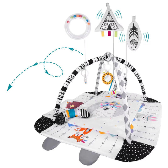 Saltea de Activitati si Spatiu de Joaca 5in1, BabyKING KinderVibe™, cu Perna, 7 Jucarii Senzoriale Detasabile, Doua Arcade, Oglinda, Material Moale cu Protectie Termica, Usor de Curatat, Antiderapant, Multifunctional, Alb/Negru