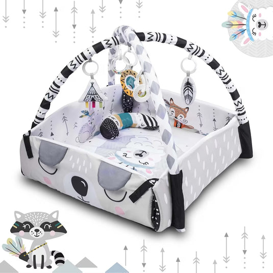 Saltea de Activitati si Spatiu de Joaca 5in1, BabyKING KinderVibe™, cu Perna, 7 Jucarii Senzoriale Detasabile, Doua Arcade, Oglinda, Material Moale cu Protectie Termica, Usor de Curatat, Antiderapant, Multifunctional, Alb/Negru