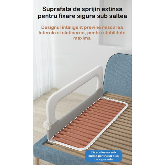 Bariera Protectie Pat 160 Cm SafeSleep™ Pliabila 180° EasyFlip, Bara Suplimentara FlexiMax NO Gap Design, Plasa Oxford Soft-Touch Ventilatie 360°, Instalare Fara Gauri, Potrivire Universala, Structura Ranforsata si Baza Anti-Rasturnare, Soft