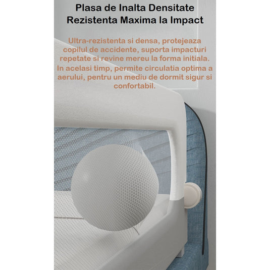 Bariera Protectie Pat 160 Cm SafeSleep™ Pliabila 180° EasyFlip, Bara Suplimentara FlexiMax NO Gap Design, Plasa Oxford Soft-Touch Ventilatie 360°, Instalare Fara Gauri, Potrivire Universala, Structura Ranforsata si Baza Anti-Rasturnare, Soft