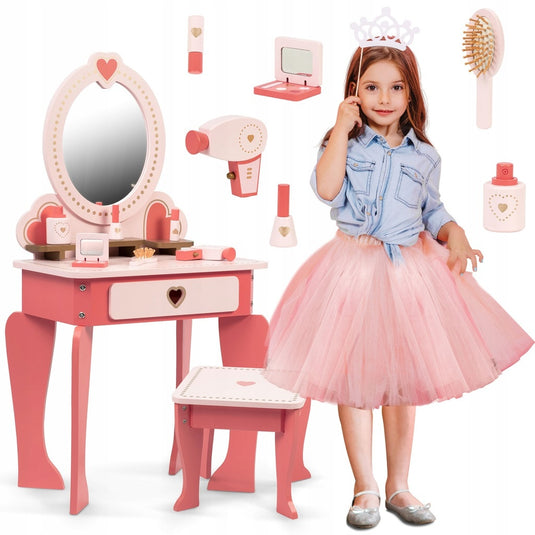 Masuta de Make-Up din lemn "LikeSmart Pink Princess" cu Oglinda, Include Scaunel, si accesorii, 48 x 31 x 93 cm