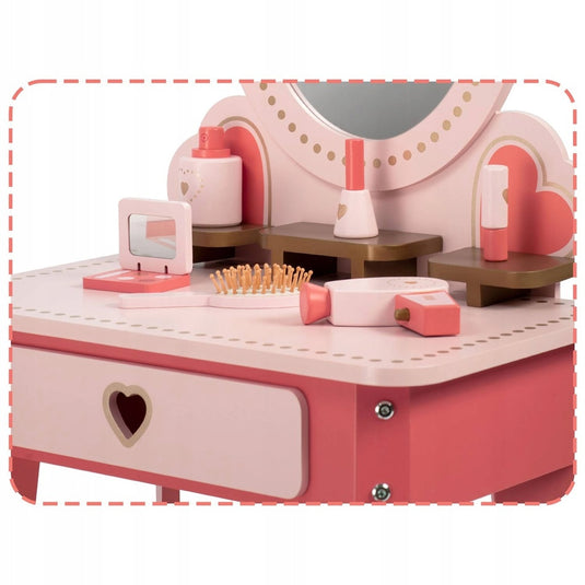 Masuta de Make-Up din lemn "LikeSmart Pink Princess" cu Oglinda, Include Scaunel, si accesorii, 48 x 31 x 93 cm