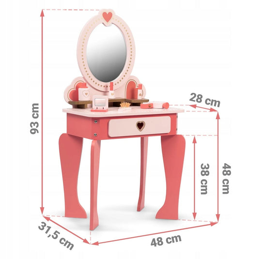 Masuta de Make-Up din lemn "LikeSmart Pink Princess" cu Oglinda, Include Scaunel, si accesorii, 48 x 31 x 93 cm