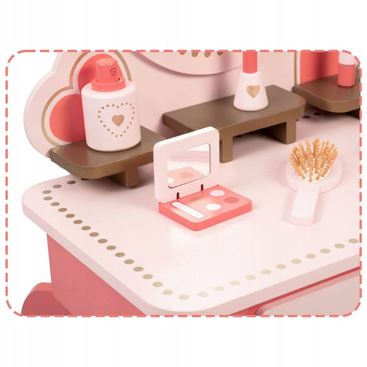 Masuta de Make-Up din lemn "LikeSmart Pink Princess" cu Oglinda, Include Scaunel, si accesorii, 48 x 31 x 93 cm