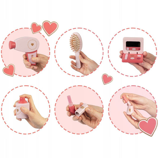 Masuta de Make-Up din lemn "LikeSmart Pink Princess" cu Oglinda, Include Scaunel, si accesorii, 48 x 31 x 93 cm